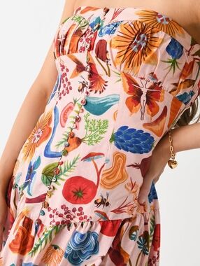 Farm Rio Beige Multicolor Floral Strapless Dress - M